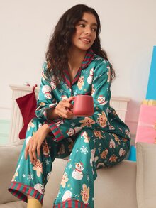 Chillnights طقم بيجاما ساتان بطباعة عيد الميلاد مع حواف متباينة - متعدد الألوان - مشاهدة 4