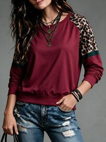 Hansera Sweatshirt Raglan Patchwork Motif Leopard Burgundy Modis untuk Wanita Paruh Baya - MultiWarna - View 6