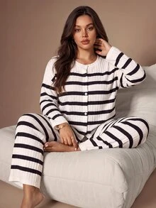 Lazeform Ultra Soft Ribbed Plus Size Pajama Set Button Striped Casual Loungewear - Black and White - View 1
