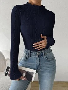 SHEIN Essnce 女款秋季純色荷葉邊立領長袖修身T恤上衣，法式優雅日常早午餐穿搭襯衫上衣 - 藏蓝色 - 查看 5