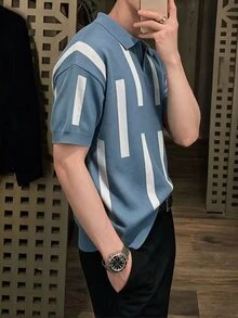 Manfinity Homme Men's Contrast Stripe Short Sleeve Knit Top - Dusty Blue - View 3