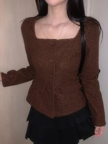 DAZY Women's Solid Color Square Neck Long Sleeve Single-Breasted Elegant Jacket - Brown - View 1
