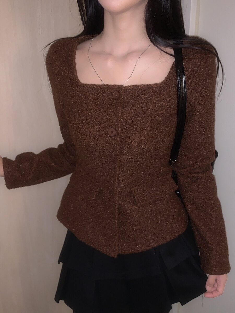 DAZY Women's Solid Color Square Neck Long Sleeve Single-Breasted Elegant Jacket - Brown - View 1