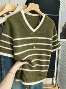 SHEIN 新款春夏韓式簡約休閒寬鬆條紋拼色女款針織上衣 - 軍綠色 - 查看 3