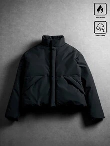 Manfinity Roghcode 男士立領短款填充外套，純黑色極簡寬鬆落肩冬季夾克，適合外出與日常穿著，送給朋友和男友的禮物，哥德風、健身、老錢風、羽絨服 - 灰色 - 查看 1