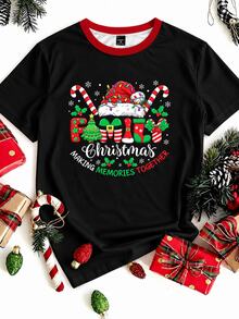 Manfinity Homme Men's Christmas Creative Print Short Sleeve T-Shirt, Fun Letter Pattern, Red & Black Contrast Color Crew Neck, European & American Street Casual Style, Holiday Party & Daily Versatile Top - Black - View 4