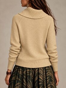 SHEIN Women's Casual Autumn/Winter High Neck Zipper Decor Loose Long Sleeve Knit Pullover - Champagne - View 2