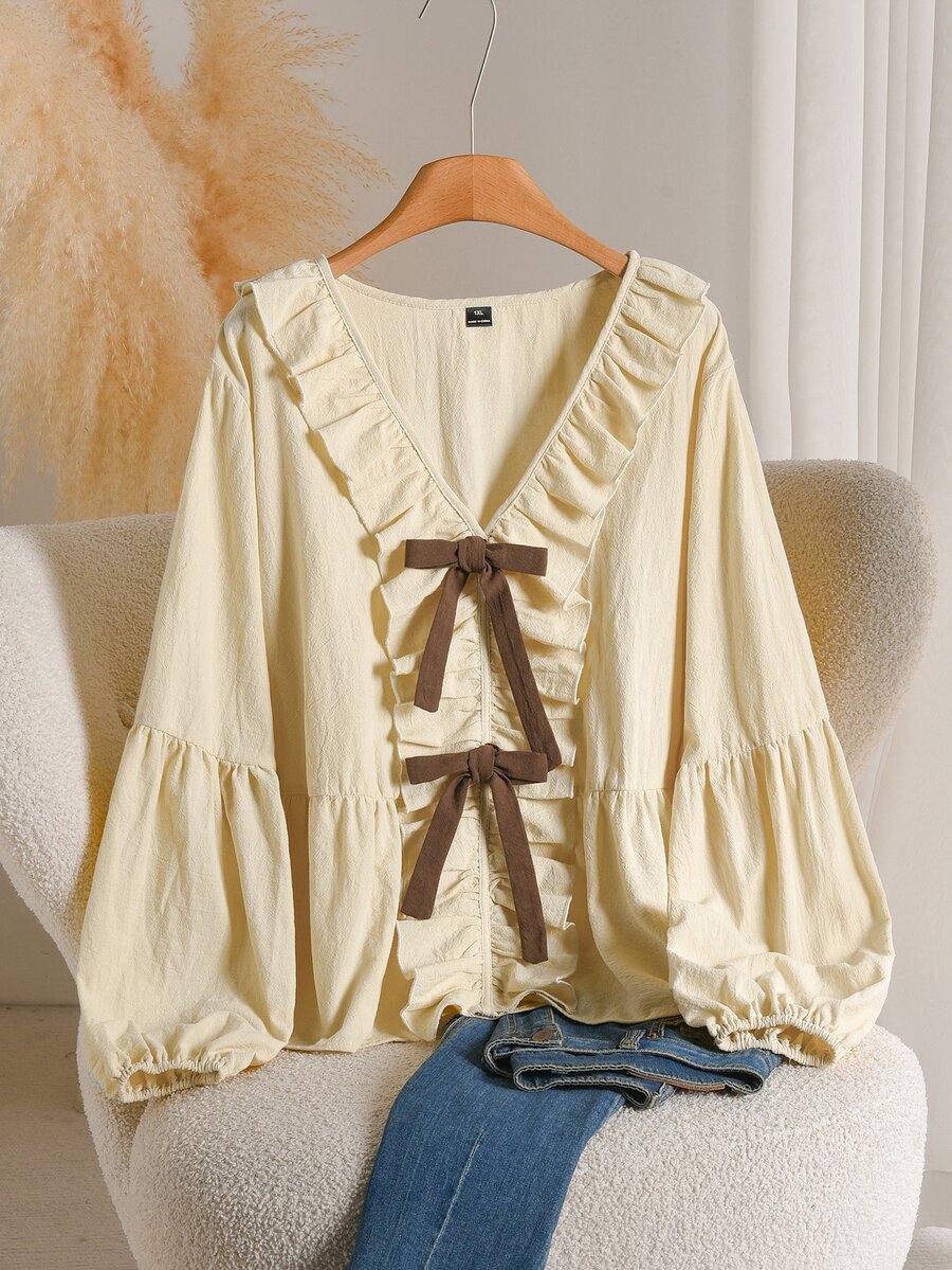 CosyJoli Plus Ruffle Trim Bow Front Lantern Sleeve Blouse Fall - Khaki - View 1