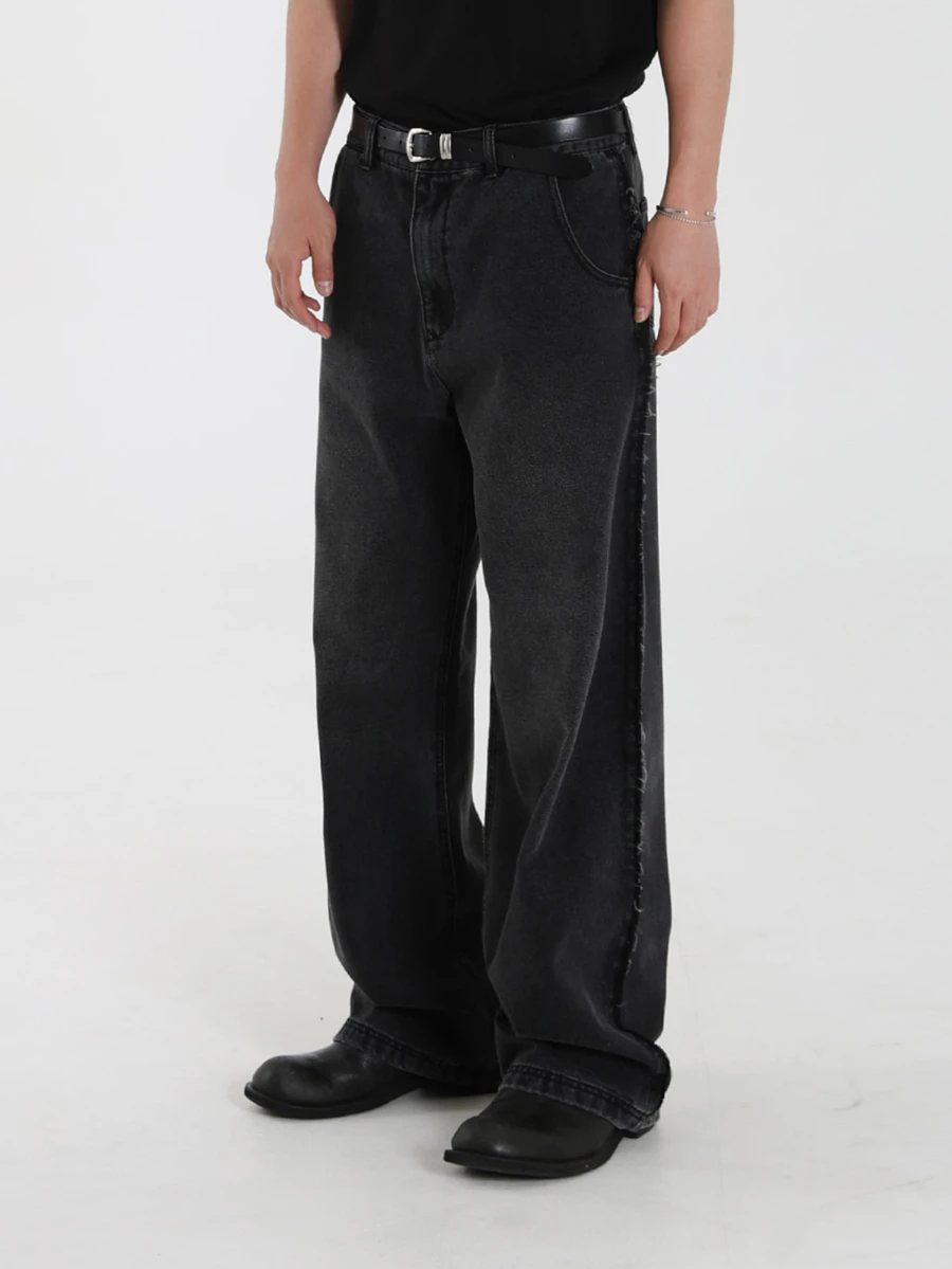 DAZY Spring/Autumn Black Washed Distressed Side Seam Frayed Design Street Style Men's Jeans - Black - View 1