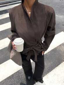 Muchica Women's Solid Color Waist Tie Casual Versatile Daily Long Sleeve Jacket - Brown - View 5