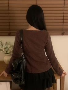 DAZY Women's Solid Color Square Neck Long Sleeve Single-Breasted Elegant Jacket - Brown - View 6