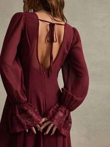 WESTFADE 2PCS Women Red Lace Ruffle Maxi Leg Slit Dresses, Fall, Autumn, Cowgirl, Western, Country Concert, Boho, Cute, Festival, Thanksgiving, Christmas - Red - View 4