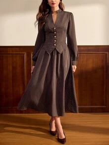 Vintamour Women's Striped Long Sleeve Top And Skirt Casual Suit Set - Coffee Brown - View 6