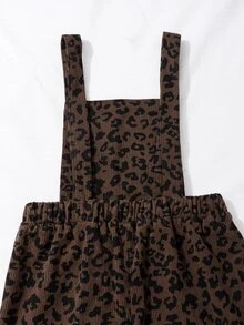 SHEIN 少女版抓絨秋季服飾 秋冬豹紋燈芯絨可調扣彈性腰連身褲，適合秋冬日常穿著 - 棕色 - 查看 7