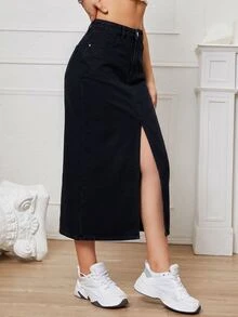 SHEIN EZwear 女款高腰口袋開衩休閒牛仔裙 - 黑色 - 查看 4