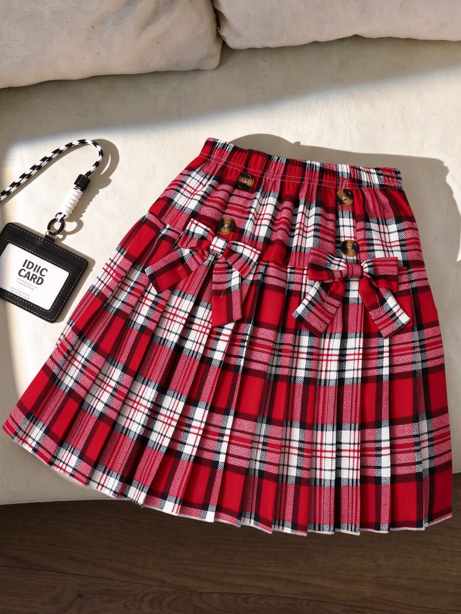SHEIN 1件少女學院風百褶迷你裙,秋季服飾,紅白格紋蝴蝶結雙排扣高腰裙,適合上學、日常穿著與外出 - 紅色 - 查看 1