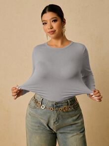 SHEIN VCAY 大尺碼女款黑色長袖圓領保暖內搭衫，腰部抓皺收腹 T-shirt 冬季 - 淺灰色 - 查看 7