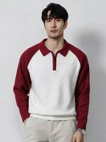 Claim Dot 男士拼接落肩袖半拉鍊前開襟休閒毛衣，簡約設計，秋冬款 - 紅白色 - 查看 3