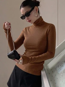 DAZY 女款純色長袖高領彈性抓絨T恤，秋冬學院風上衣 - 棕色 - 查看 6