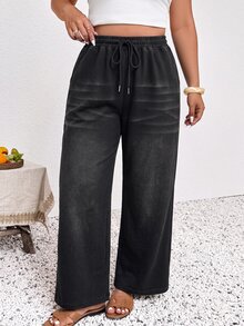 Lounesse Plus Size Women's Drawstring Waist Pocket Casual Denim Jeans - Black - View 5