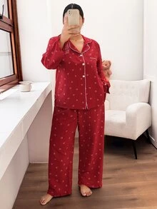 Napfluff CURVE Napfluff CURVE Plus Size Bow Striped Print Contrast Piping PJ Set - Red - View 3