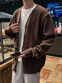 Claim Dot Men's Solid Color Single-Breasted Casual Everyday Cardigan, Fall/Winter, Long Sleeve Top - Coffee Brown - View 6