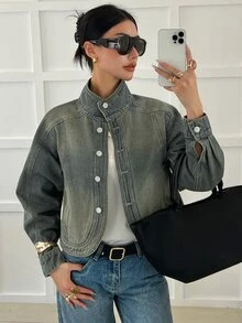 DAZY Women's Small Stand Collar Short Loose Washed Vintage Casual Denim Jacket And Coat - Medium Wash - View 8