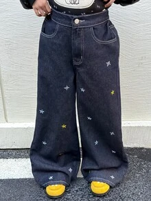 Dazy Kids Tween Girl Straight Leg Embroidered Five-Pointed Star Casual Denim Jeans, Autumn/Winter - Navy Blue - View 1