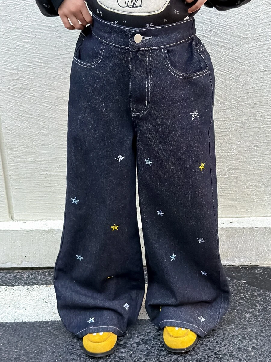 Dazy Kids Tween Girl Straight Leg Embroidered Five-Pointed Star Casual Denim Jeans, Autumn/Winter - Navy Blue - View 1