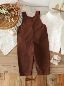 SHEIN Toddler Baby Girl Jumpsuit Cute Brown Ribbed Knit Sleeveless Round Neck Button Front Regular Fit Embroidered Bow Cozy Holiday Daily Baby Girl Girls Fall - Coffee Brown - View 3