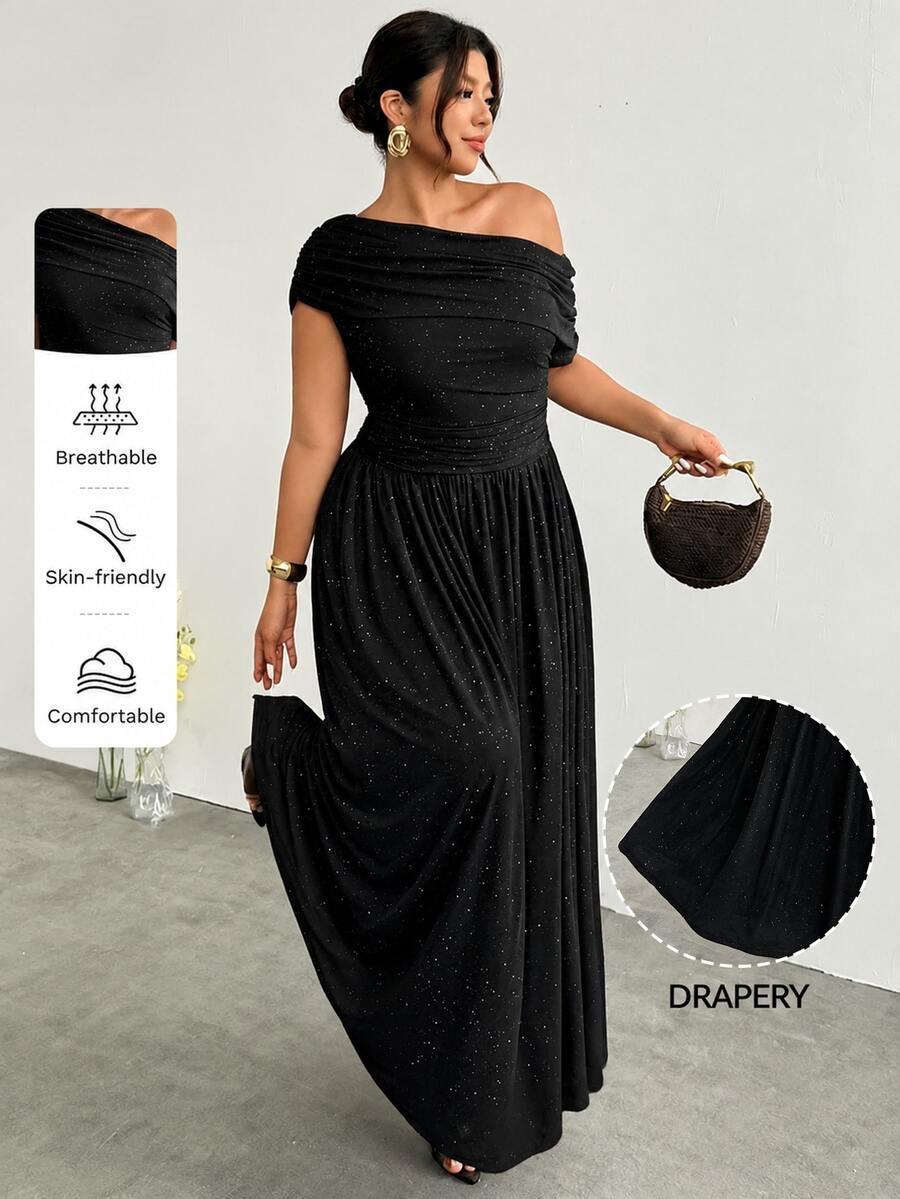 Firerie Plus Size Women's Elegant Solid Color Shimmer Fabric Dress, Asymmetrical Neckline Design To Highlight Graceful Curves; Suitable For Summer Weddings, Evening Parties, Cocktail Parties, Graduation Ceremonies And Other Formal Occasions. - Black - View 1