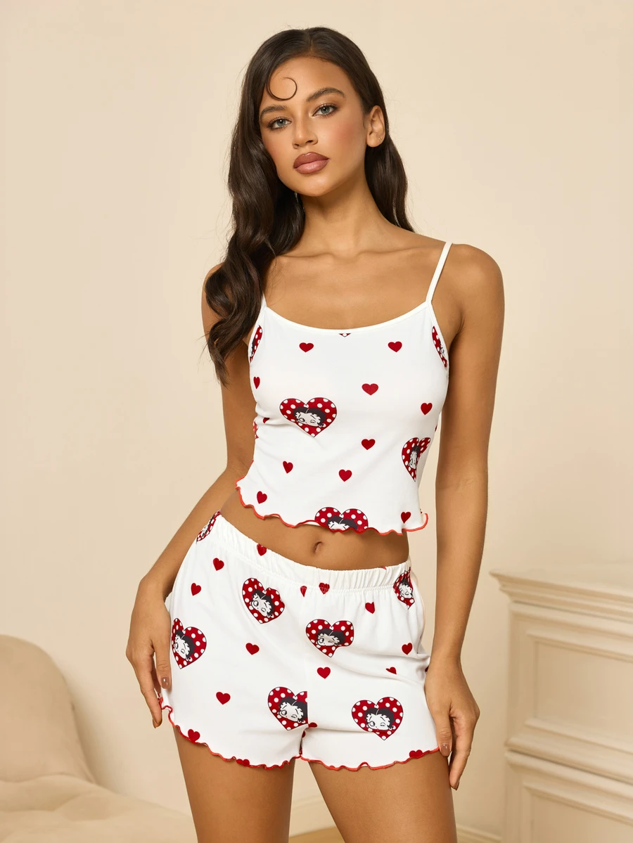 Betty Boop x SHEIN طقم بيجامة نسائي بتوب كاميسول وشورت بطبعة قلب Betty Boop - أبيض - مشاهدة 1