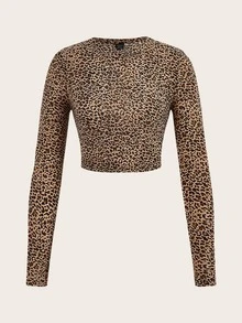 SHEIN Essnce 4件組女款豹紋、斑馬紋與純色圓領長袖休閒T恤 - 彩色 - 查看 7