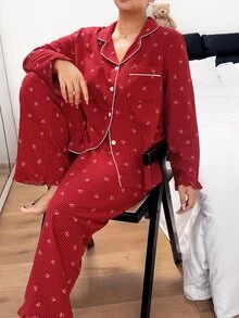 Napfluff CURVE Napfluff CURVE Plus Size Bow Striped Print Contrast Piping PJ Set - Red - View 5