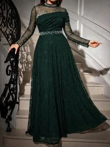 Reflora 大尺碼優雅極簡風仿珍珠裝飾蕾絲長袖開衩洋裝 秋季 - 墨綠色 - 查看 5
