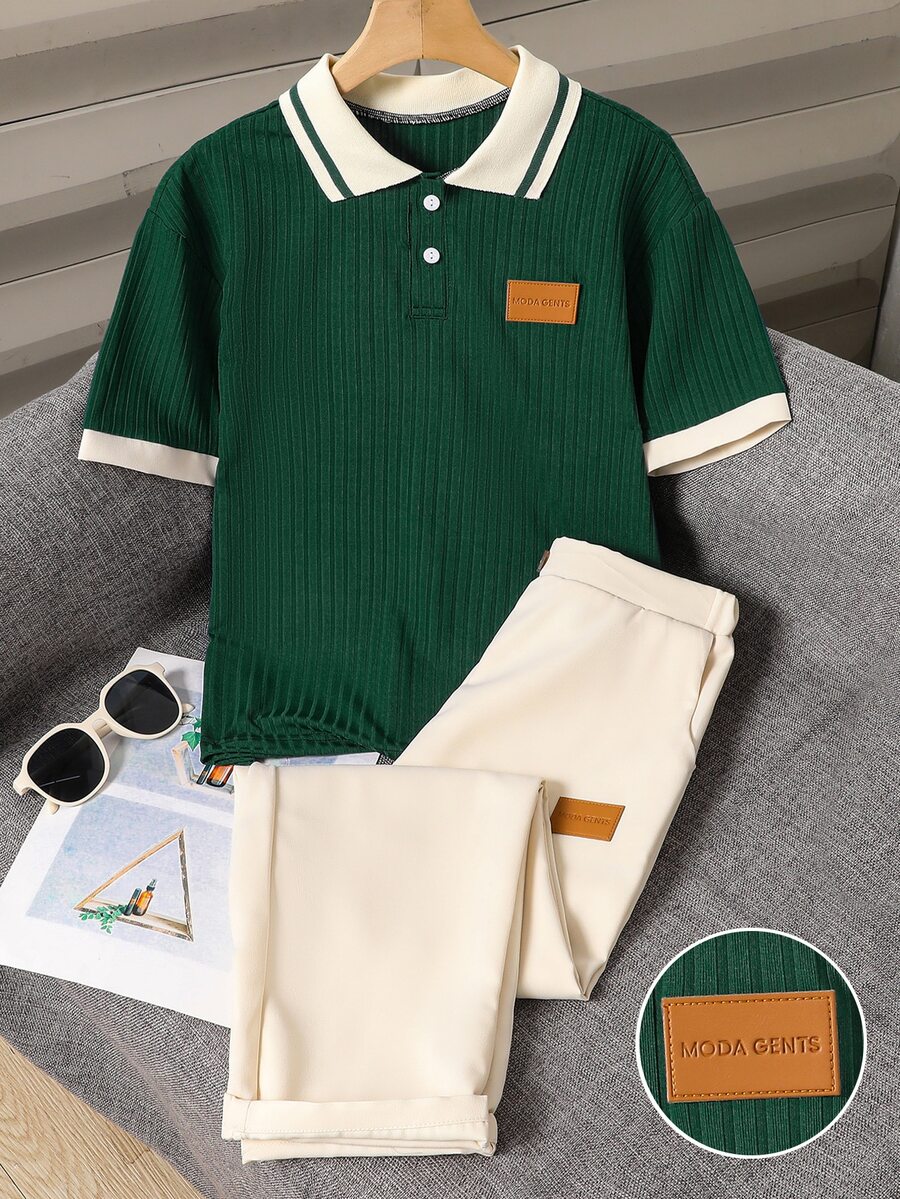 SHEIN 大童男孩短袖 Polo 衫與長褲套裝,適合生日派對、婚禮、畢業典禮與返校,秋季穿著 - 墨綠色 - 查看 1