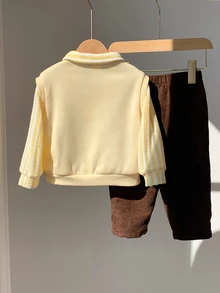 SHEIN 中性嬰兒男/女童、幼兒 2 件組秋冬抓絨內裡加厚可愛小狗貼布繡 2 合 1 運動衫套裝，嬰兒冬季套裝，聖誕節 - 黃色 - 查看 2