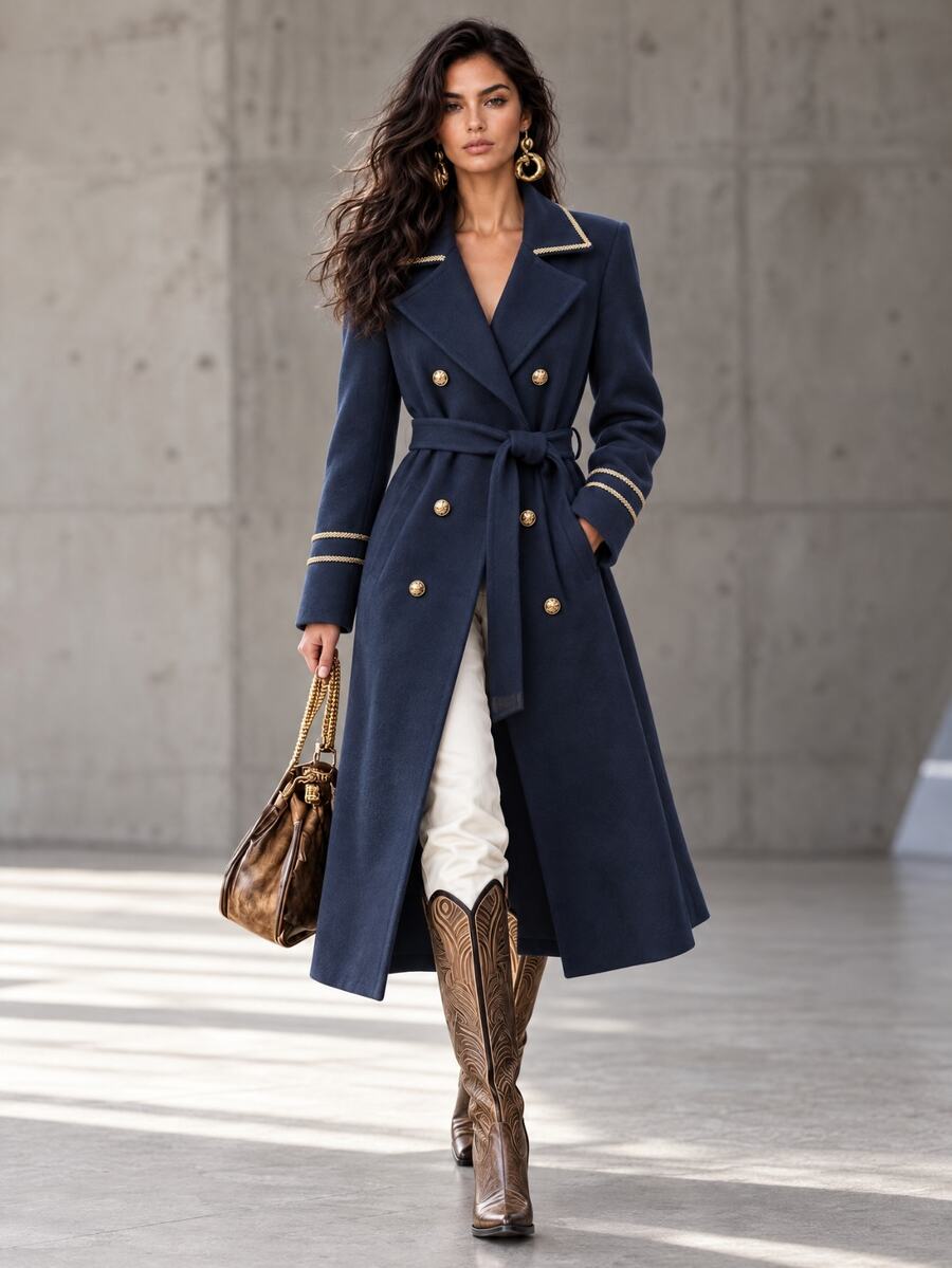 LUMIGAL Gold Ribbon Decor Vintage Fashion Waist Tie Coat Commuter Elegant Women's Overcoat - Navy Blue - View 1