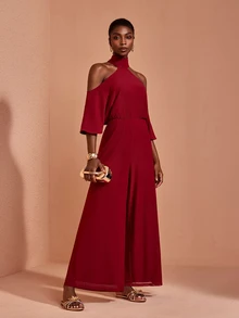 JIAN LASALA Mono de malla roja con mangas de murciélago, hombros descubiertos y escote halter, elegante para fiestas y vacaciones - Rojo - Ver 4
