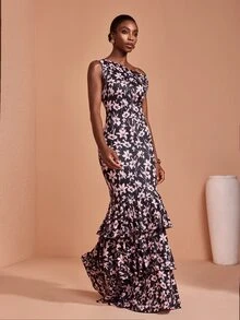 JIAN LASALA Knit Floral Print One Shoulder Multi Layers Ruffle Hemline Long Dress Elegant Vacation - Multicolor - View 4