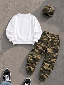 男童運動衫套裝，圓領長袖上衣配迷彩字母與毛邊印花，迷彩做舊拼接慢跑褲，街頭風，適合日常外出，春/秋季 - 彩色 - 查看 2