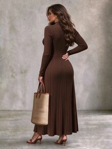 Linhara CURVE Plus Solid Rib-Knit Frog Button Front Dress - Brown - View 2