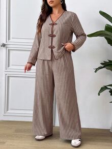 Lounesse Plus Brown Print Contrast Binding Frog Button Blouse Wide Leg Pants Set Fall Party Casual Elegant Set For Women Fall/Winter Casual Daily Going Out Set - Multicolor - View 6