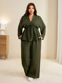 Edennvi Plus Size Women Solid Color V-Neck Pleated Long Sleeve Top And Pants Casual Daily 2 Pieces Set - Army Green - View 6