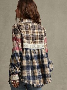 WESTFADE Patchwork Multicolor Plaid Flannel Blouses & Shirts, Fall, Autumn, Winter, Cowgirl, Western, Country Concert, Boho, Cute, Festival, Thanksgiving - Multicolor - View 4