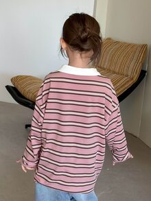 Dazy Kids Tween Girl Polo Collar Striped Drop Shoulder Long Sleeve Casual Loose Fit T-Shirt - Pink - View 2