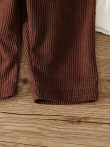 SHEIN Toddler Baby Girl Jumpsuit Cute Brown Ribbed Knit Sleeveless Round Neck Button Front Regular Fit Embroidered Bow Cozy Holiday Daily Baby Girl Girls Fall - Coffee Brown - View 7