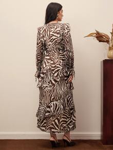 BELROSIE Gaun Panjang Wanita Elegan Berlapis-lapis Bahan Chiffon dengan Motif Zebra Digital Gaya Eropa dan Amerika untuk Musim Gugur/Dingin, Mode Baru, Serbaguna, Warna Kopi, Bahan Chiffon, dan Ruffle. - MultiWarna - View 2