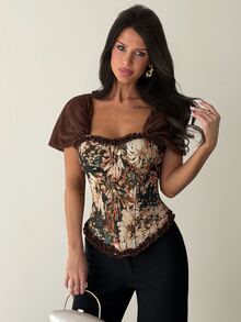 Firerie A Vintage Corset Top With Jacquard Frill Trim, Front Hook-And-Eye Closure, Back Lace-Up Open Back, Bust-Shaping Corset For Women, Halloween Party Out - Coffee Brown - View 5