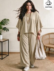 Ceyna Plus Striped Print Batwing Sleeve Top & Wide Leg Pants Set - Khaki - View 1